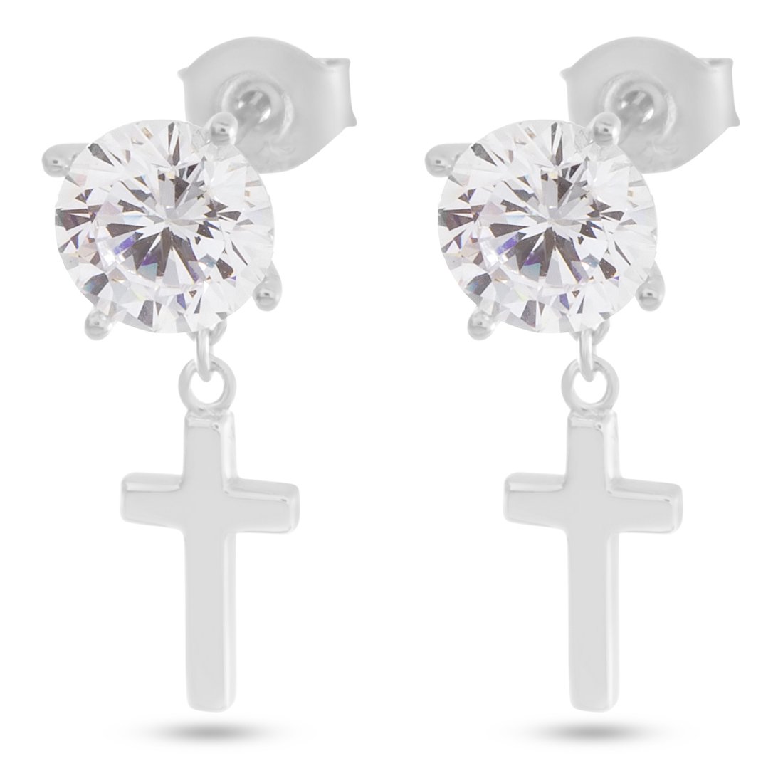 Brilliant-Cut Hanging Cross Earrings in Sterling Silver / White Gold / 0.8" by King Ice