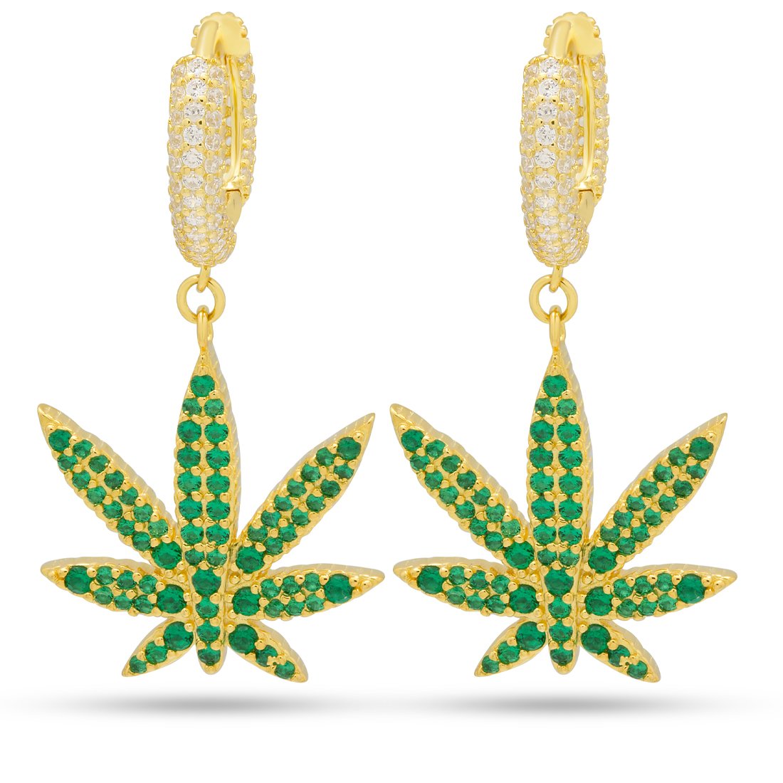 Emerald Cannabis Leaf Hanging Earrings in Sterling Silver / 14K Vermeil / 1.3" by King Ice