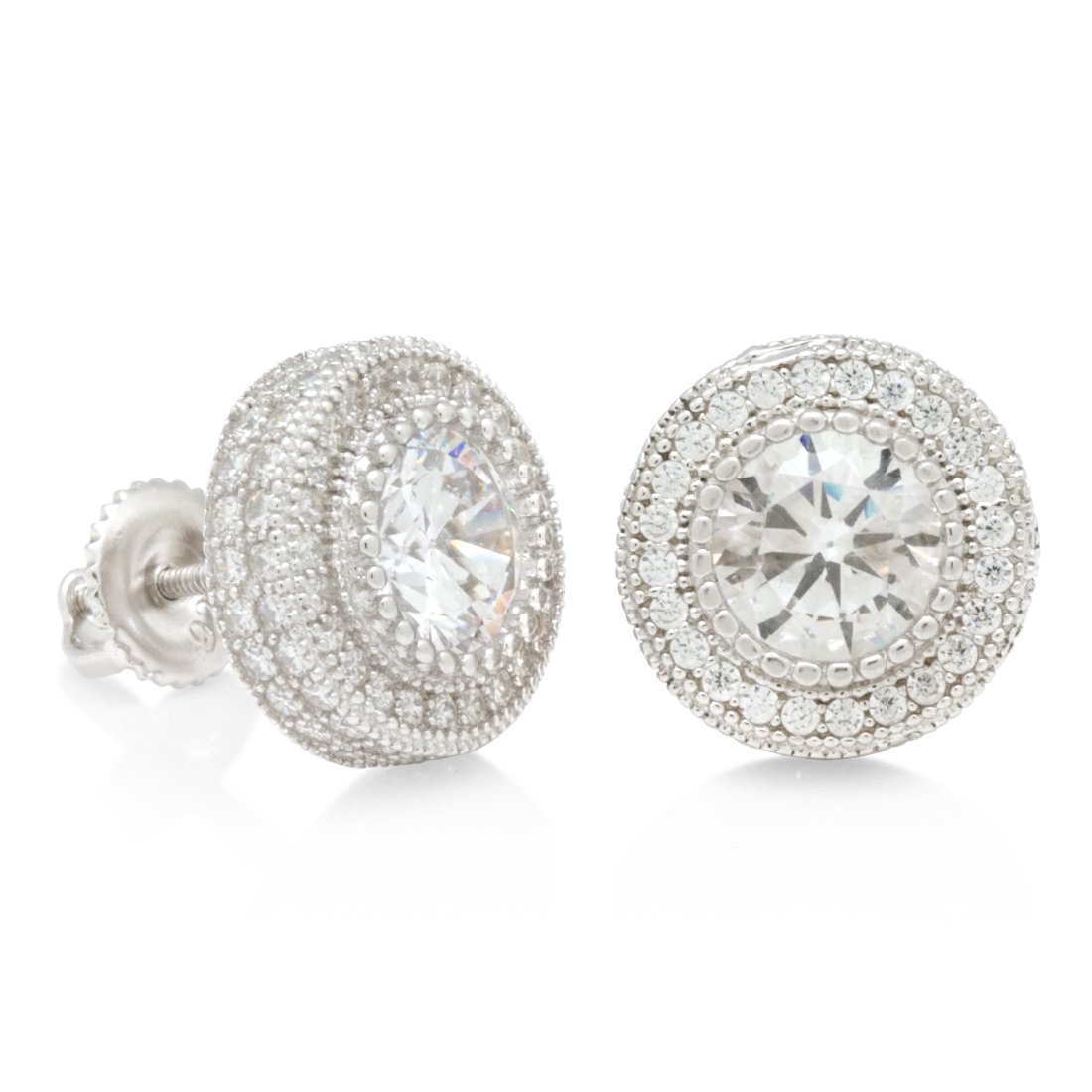 Iced Button Stud Earrings in Sterling Silver / White Gold / 11mm by King Ice